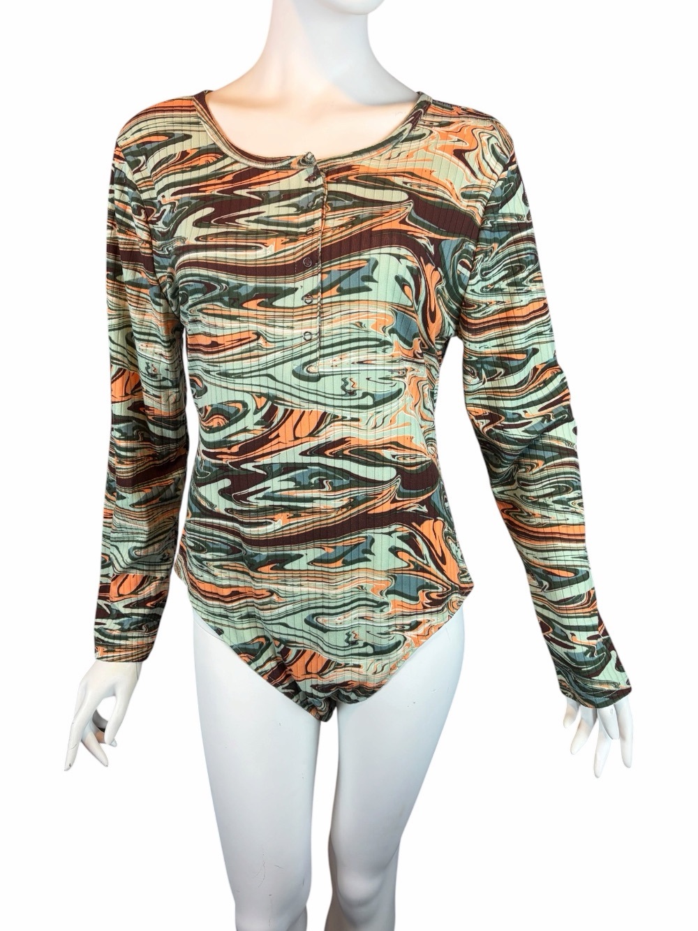 rue21 Size XL Green Coral Plum Abstract Swirl Print Long Sleeve Bodysuit